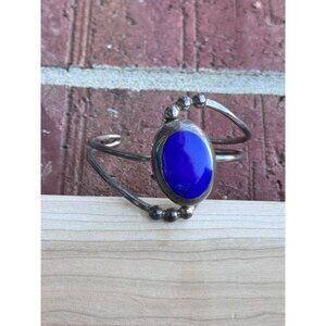 Sterling Silver Cuff Bracelet With Lapis Lazuli Stone & Beaded Detailing